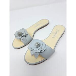 Chanel Camellia Flower CC Logo Sandals Blue Gray Day Leather Slides 36 US 5.5